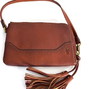 FRYE Genuine Leather Wristlet Wallet Bag Clutch  Zipper Tassels Brown